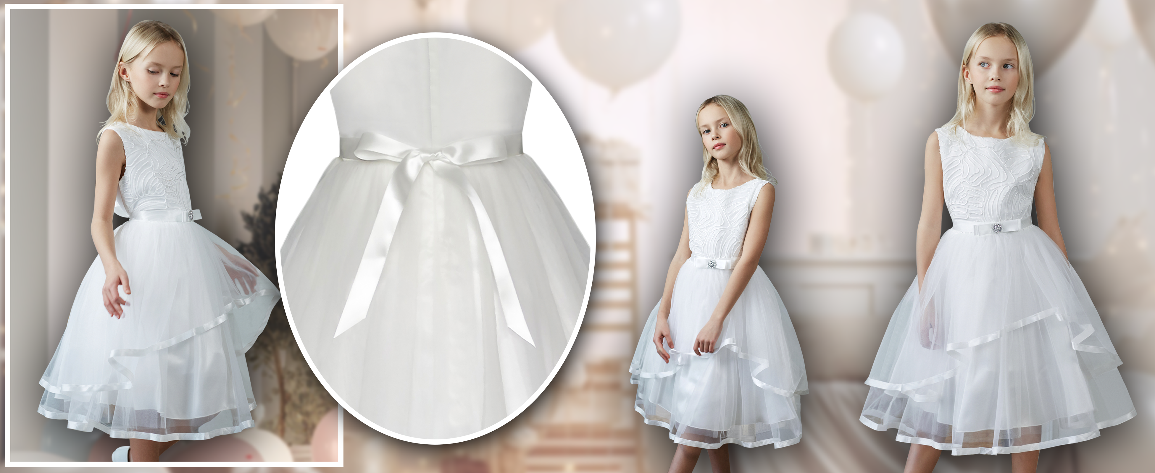 thumbnail video image 2 of Vestido de Niña de Flores Blanco Hueso con Cinturón para Boda Fiesta Dama de Honor 4, 2 of 10