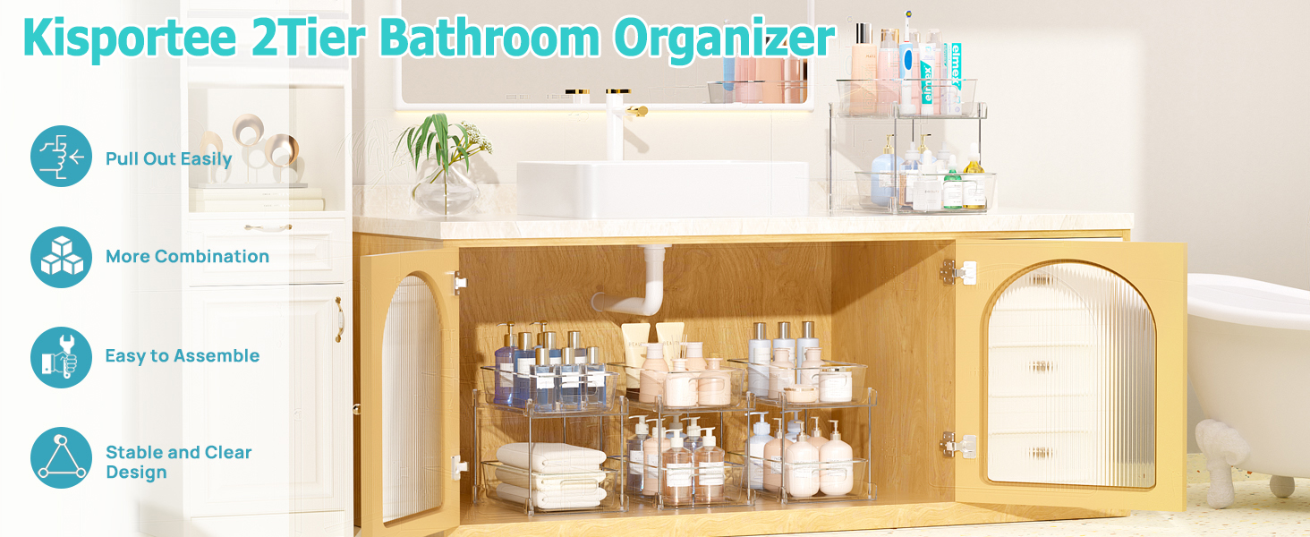thumbnail video image 1 of Kisportee Paquete de 2 Organizadores para Debajo Del Fregadero, Organizadores y Almacenamiento de Baño de 2 Niveles Extraíbles, Organizador de Gabinete de Cocina para Despensa, Cocina, 1 of 1