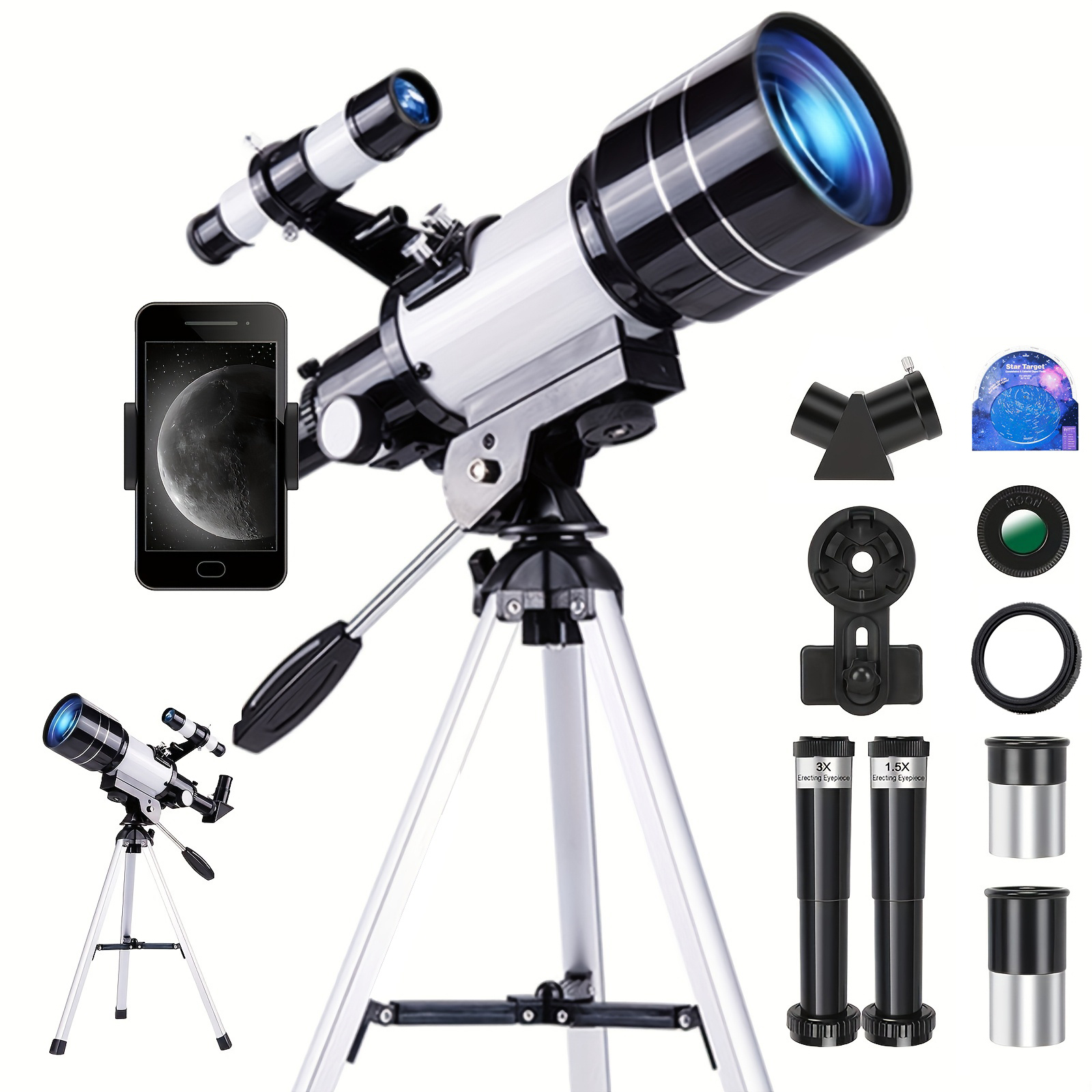 thumbnail video image 2 of Mapskey Telescopio 150x, Telescopio de Apertura de 70mm, Aumento Alto, Telescopio Astronómico Portátil, con Adaptador de Teléfono Trípode y Control Remoto Inalámbrico, Telescopio para Teléfono, 2 of 10
