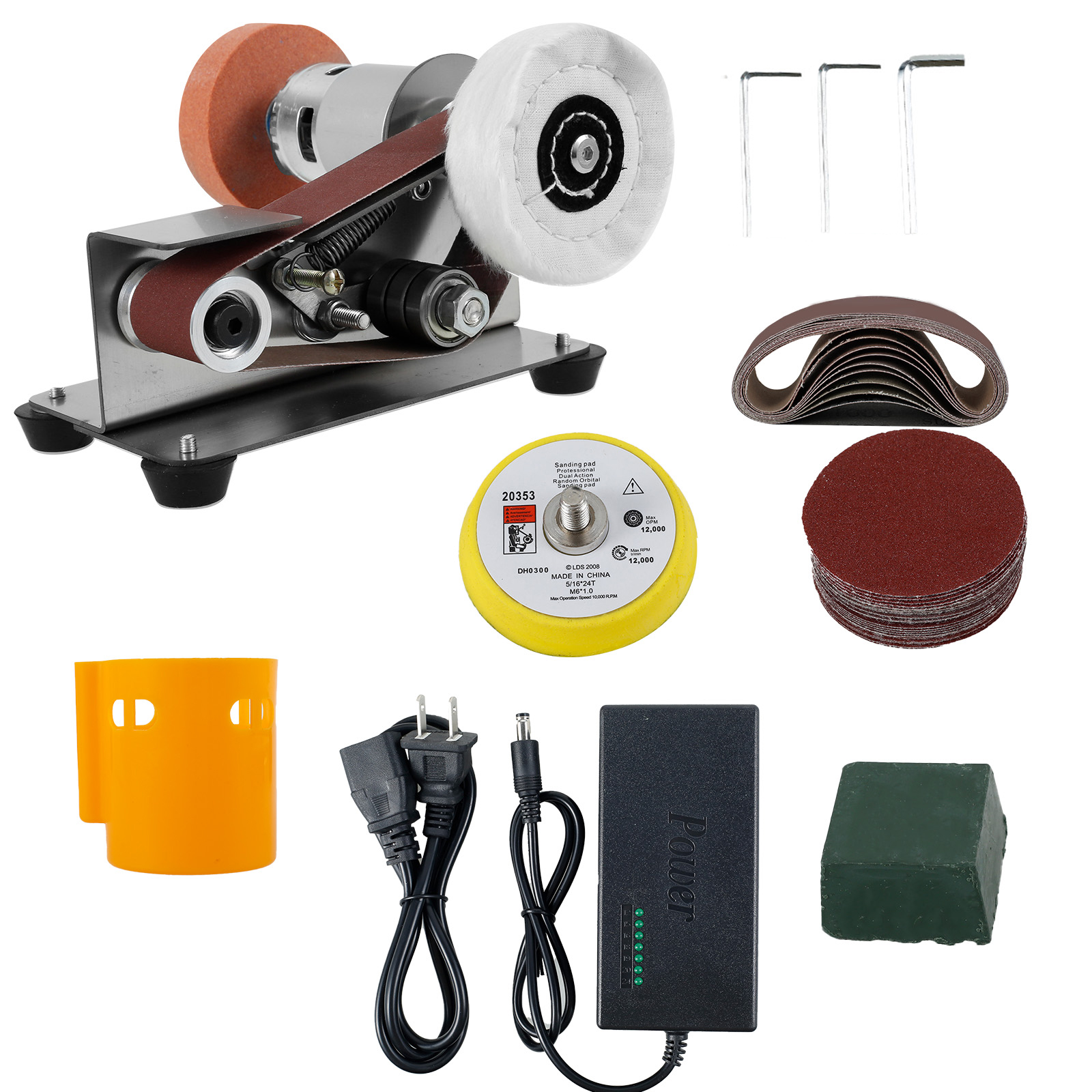thumbnail video image 2 of OKYMOTOR Mini Lijadora de Cinturón Multifuncional Eléctrica Amoladora de Cinturón 7 Velocidades Ajustables 15° Afilador Herramienta de Lijado para Cortador de Joyas de Metal, 2 of 2